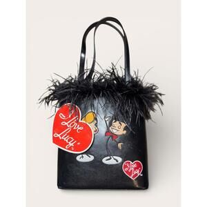Love Lucy Black Faux Leather Tote Bag with Feather Trim